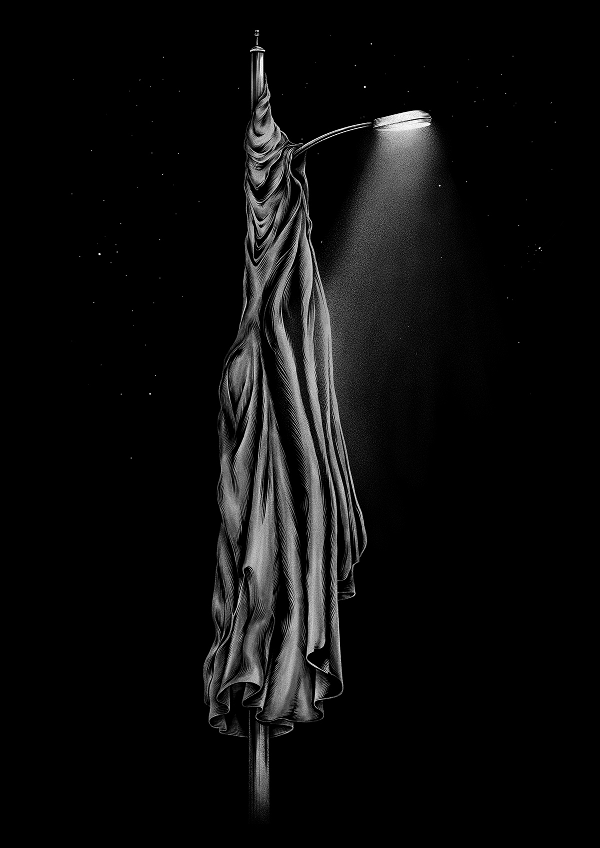 A dream I had after the Presidential election in 2015 before the Inauguration. The vision was colored by DJT and Steve Bannon's ideological rhetorical promotion of autocracy. This dream has informed my focused viewpoint and existential attitude about the future of the United States of America's democracy. The streetlight in front of my house is depicted as shrouded in a Klan's robe and the streetlights are sequentially one by one being dimmed across the towns, cities, countries, and finally the world in darkness!